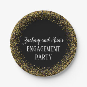 Gold Confetti on Black Engagement Party Paper Plate