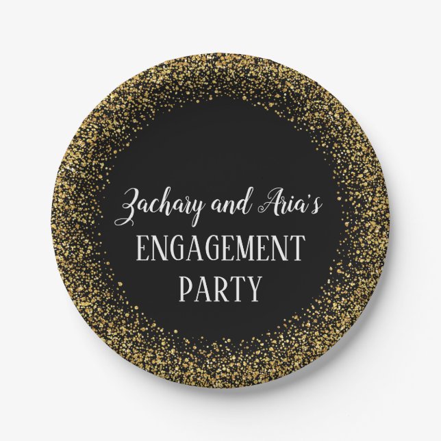 Gold Confetti on Black Engagement Party Paper Plate (Front)