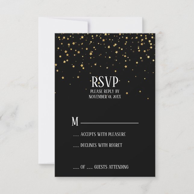 Gold Confetti on Black Engagement RSVP Card (Front)