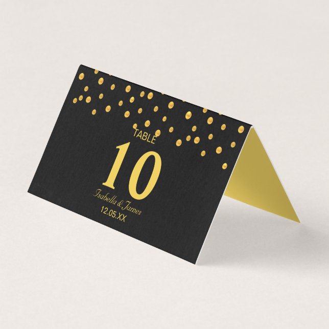Gold Confetti on Black Fold Table Card (Front)