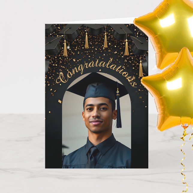 Gold Confetti on Black Graduation Caps Photo Arch Card (Creator Uploaded)