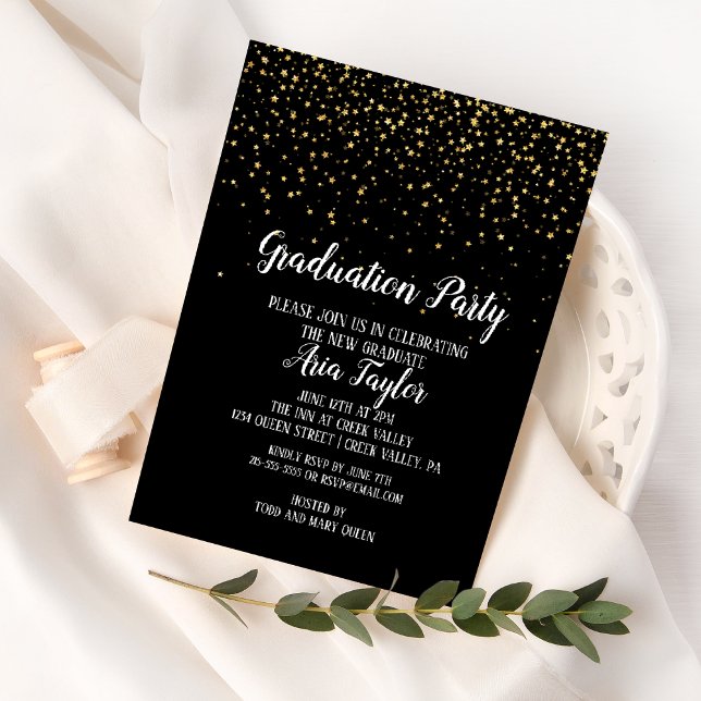 Gold Confetti on Black Graduation Party Invitation (Creator Uploaded)