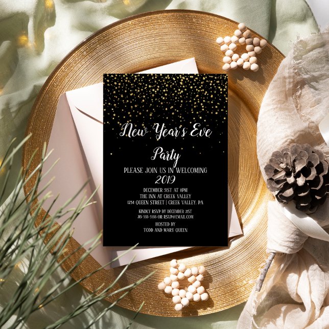 Gold Confetti on Black New Year's Eve Invitation (Creator Uploaded)