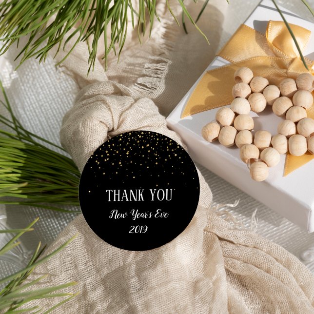 Gold Confetti on Black New Year's Thank You Favour Classic Round Sticker (Creator Uploaded)