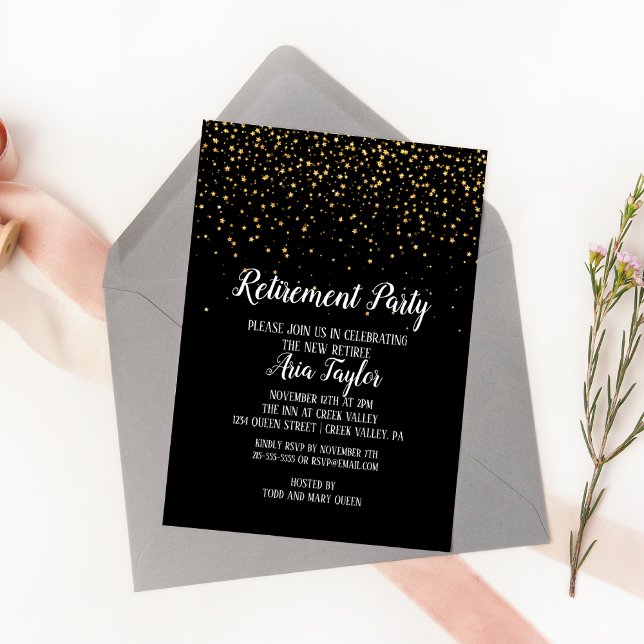Gold Confetti on Black Retirement Party Invitation (Creator Uploaded)