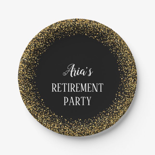 Gold Confetti on Black Retirement Party Plates (Front)