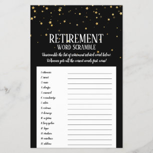 Gold Confetti on Black Retirement Word Scramble Flyer