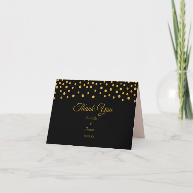 Gold Confetti on Black & Rose Gold Wedding Thank You Card (Front)