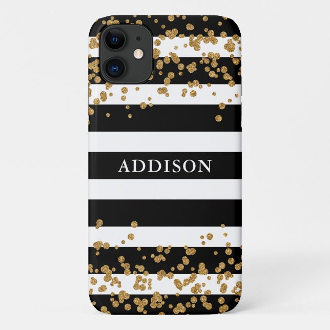 Gold Confetti on Black Stripe Pattern Case-Mate iPhone Case (Back)