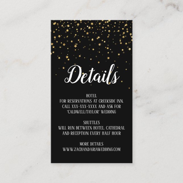 Gold Confetti on Black Wedding Details Card (Front)