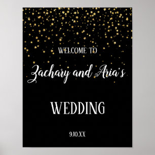 Gold Confetti on Black Wedding Welcome Sign