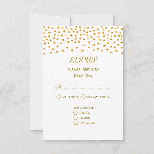 Gold Confetti on Black & White Wedding RSVP Card (Front)