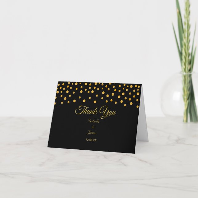 Gold Confetti on Black & White Wedding Thank You Card (Front)