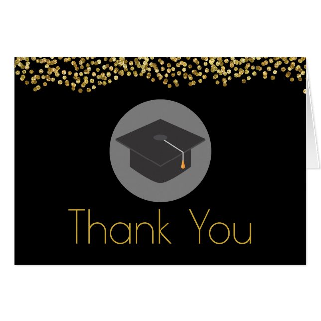 Gold Confetti on Black with Graduation Cap Thanks (Front Horizontal)