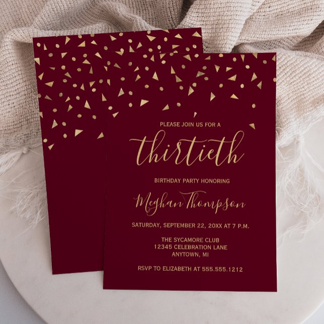 Gold Confetti on Burgundy 30th Birthday Party Invitation (Creator Uploaded)