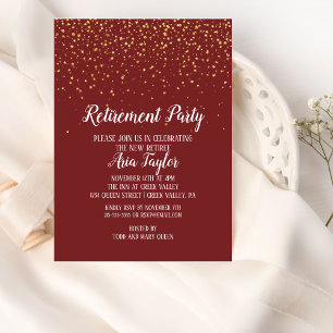 Gold Confetti on Burgundy Retirement Invitation
