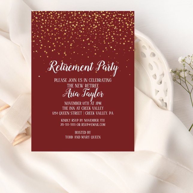 Gold Confetti on Burgundy Retirement Invitation (Creator Uploaded)
