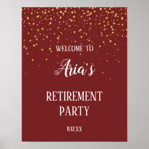 Gold Confetti on Burgundy Retirement Party Welcome Poster