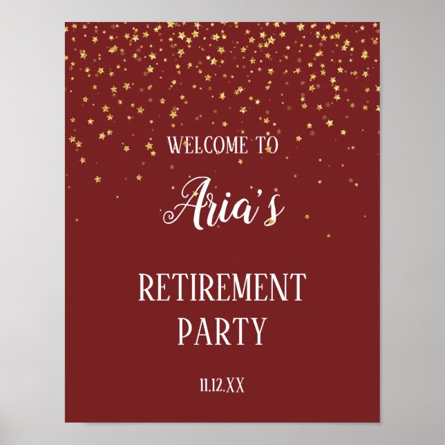 Gold Confetti on Burgundy Retirement Party Welcome Poster (Front)