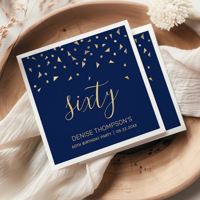 Gold Confetti on Navy Blue 60th Birthday Party Napkin (Creator Uploaded)