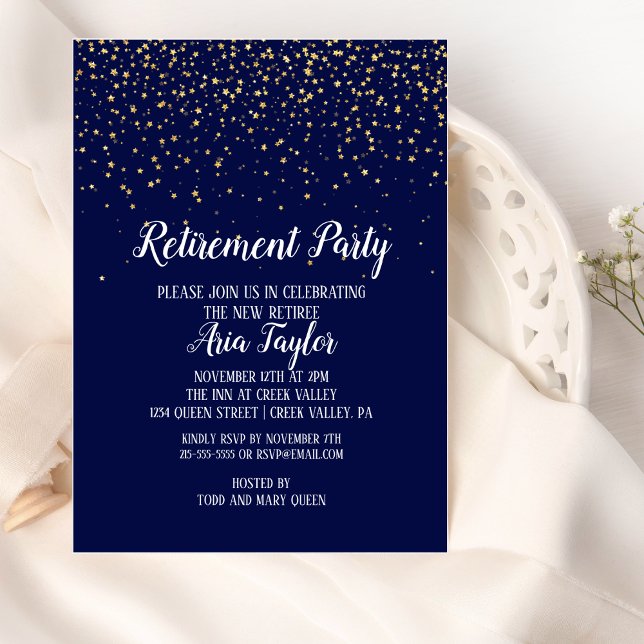 Gold Confetti on Navy Blue Retirement Invitation (Creator Uploaded)