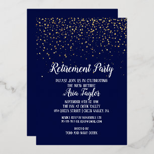 Gold Confetti on Navy Blue Retirement Party Gold