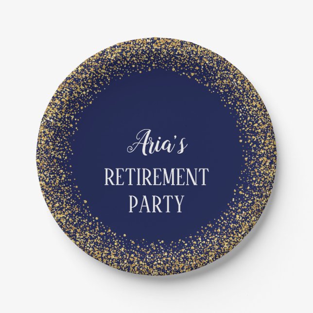 Gold Confetti on Navy Blue Retirement Party Plates (Front)
