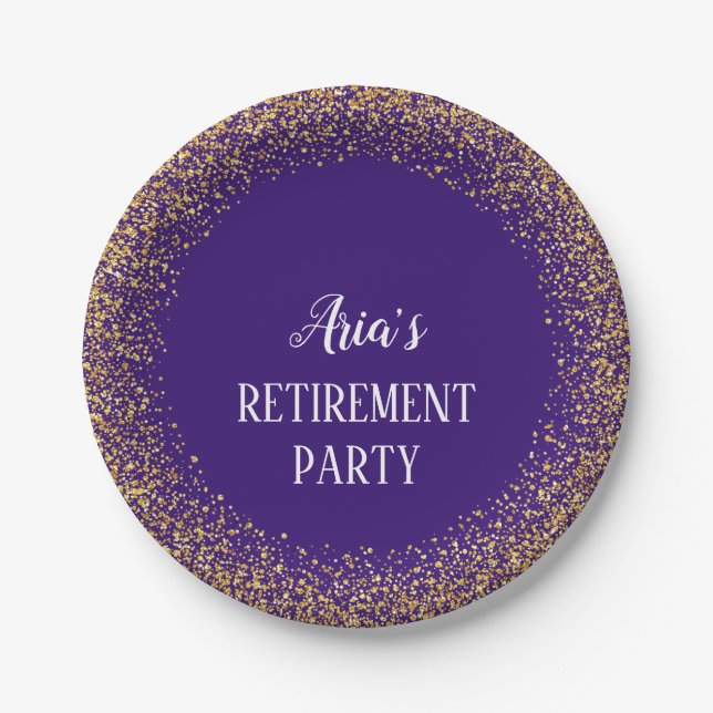 Gold Confetti on Purple Retirement Party Plates (Front)