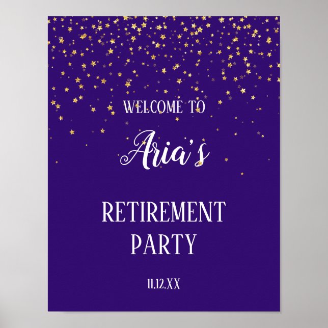 Gold Confetti on Purple Retirement Party Welcome Poster (Front)