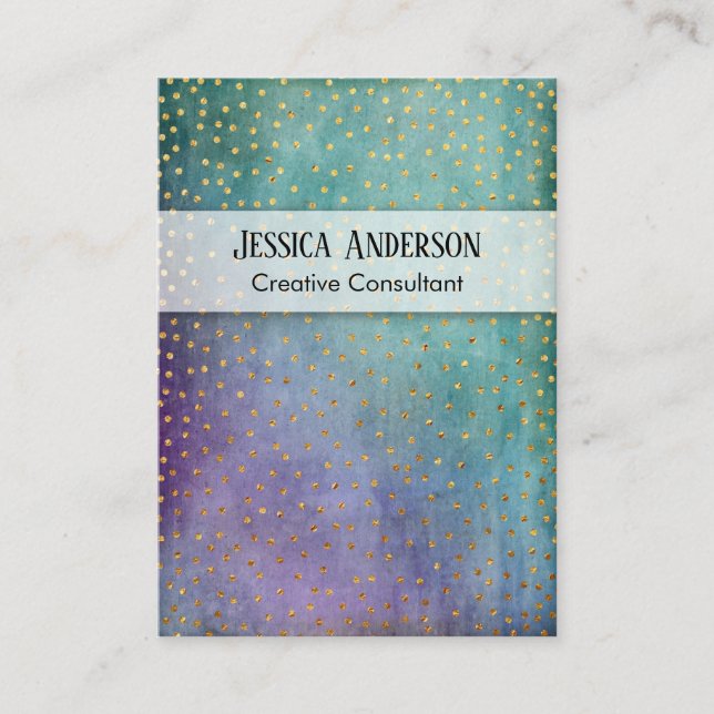 Gold Confetti Over Purple & Teal Grunge Texture Business Card (Front)