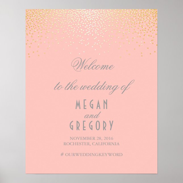 Gold Confetti Particles Blush Wedding Welcome Sign (Front)