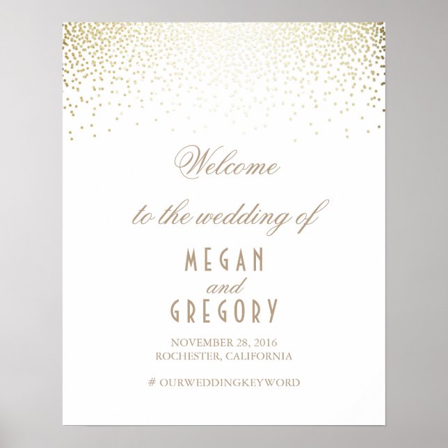 Gold Confetti Particles White Wedding Welcome Sign (Front)