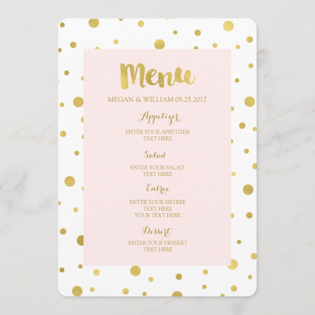Gold Confetti Pastel Blush Pink Wedding Menu (Front)