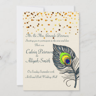 Gold Confetti Peacock Feathers Wedding Invitation