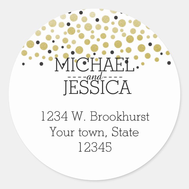 Gold Confetti Personalised  name and address Classic Round Sticker (Front)