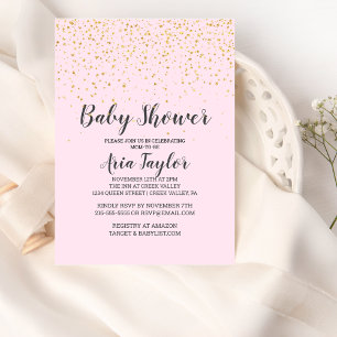 Gold Confetti Pink Calligraphy Baby Shower Invitation