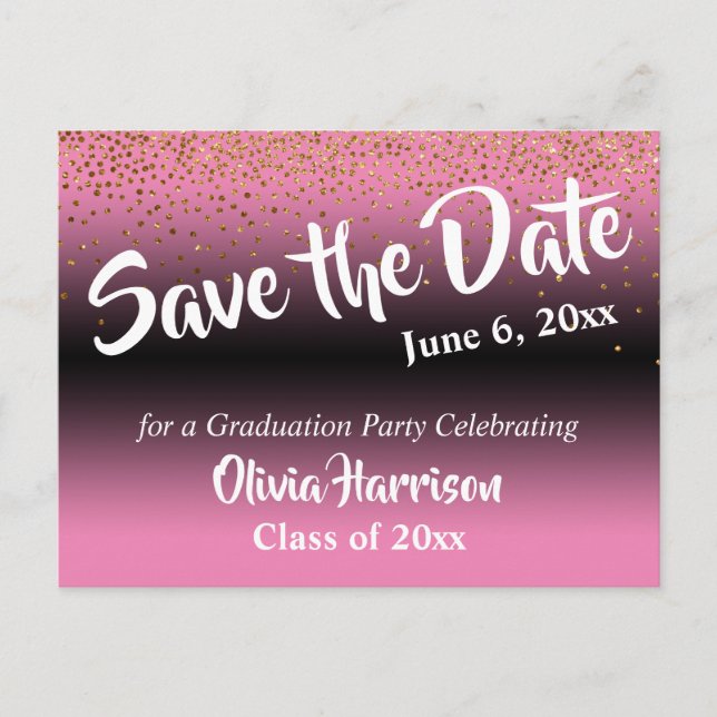 Gold Confetti Pink Graduation Save the Date Postcard (Front)