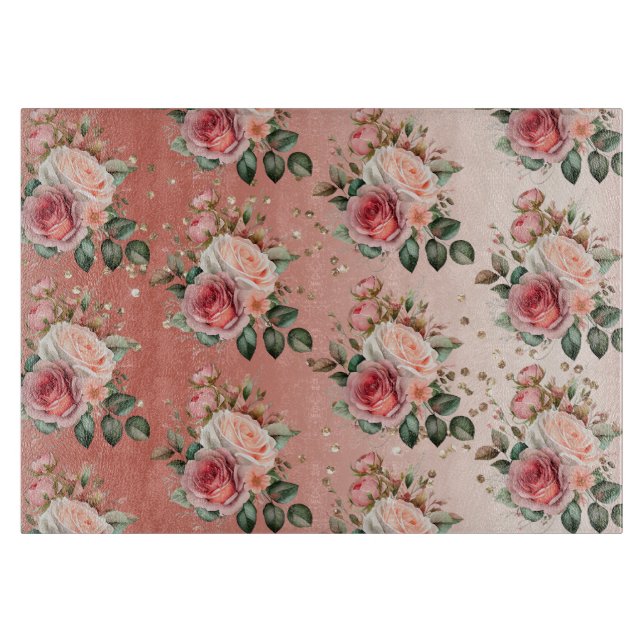 Gold Confetti Pink Roses Floral Cutting Board (Front)
