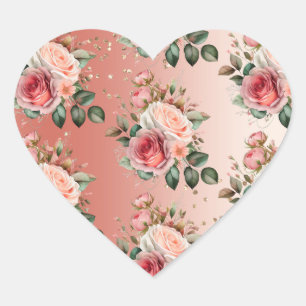Gold Confetti Pink Roses Floral Heart Sticker