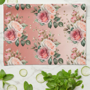 Gold Confetti Pink Roses Floral Tea Towel
