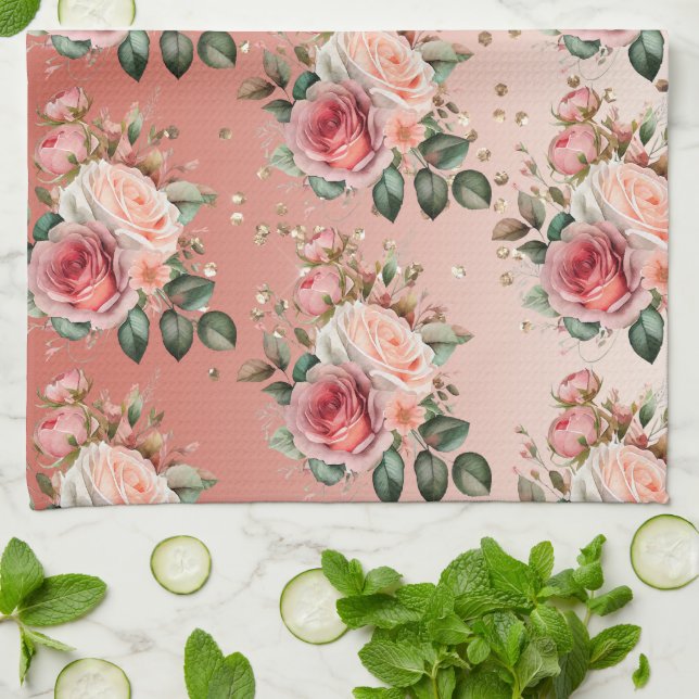 Gold Confetti Pink Roses Floral Tea Towel (Folded)