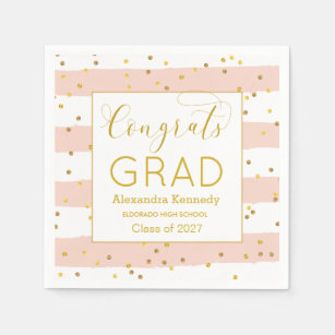 Gold Confetti Pink Stripes Graduation Paper Napkin