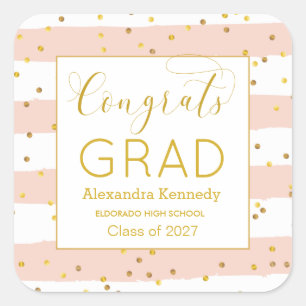 Gold Confetti Pink Stripes Graduation  Square Sticker
