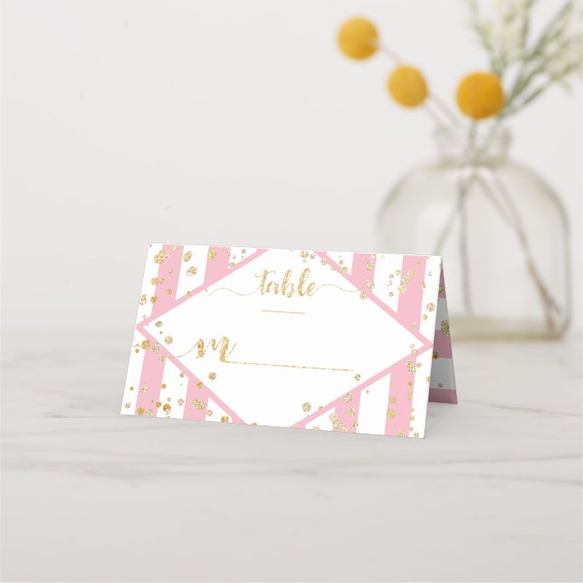 Gold Confetti & Pink Stripes Table Number Place Card (Front)