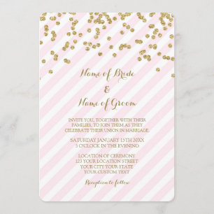 Gold Confetti Pink Stripes Wedding Invitations
