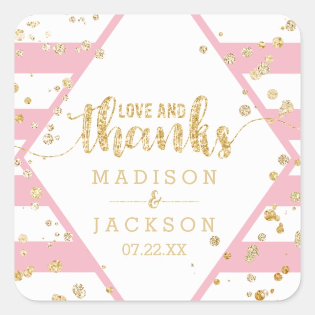 Gold Confetti & Pink Stripes Wedding Thanks Favour Square Sticker (Front)