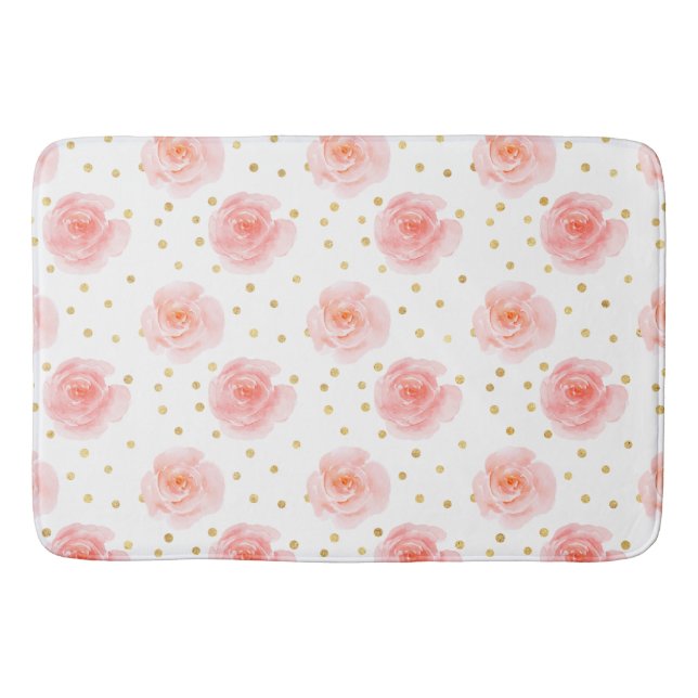 Gold Confetti Pink Watercolor Roses Bath Mat (Front)