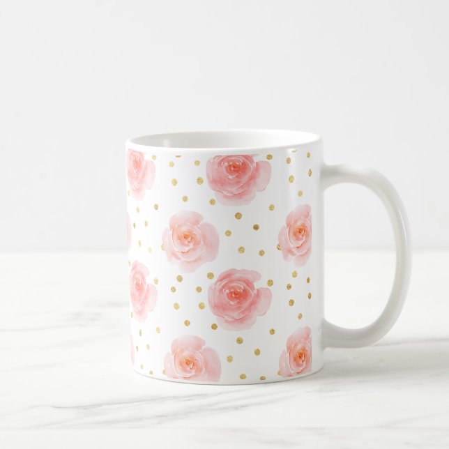 Gold Confetti Pink Watercolor Roses Coffee Mug (Right)