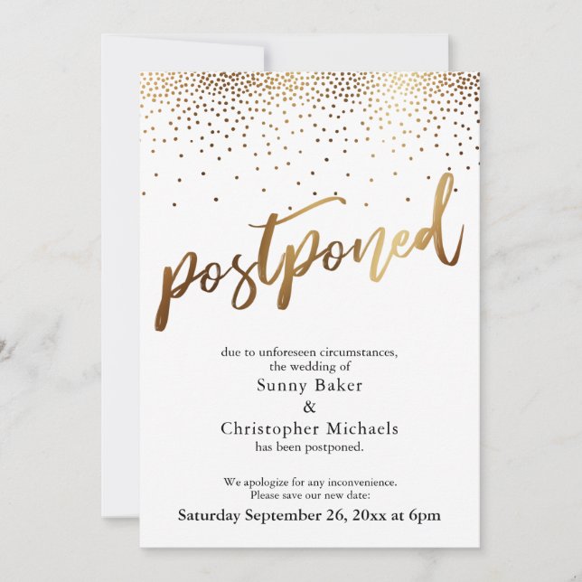 Gold Confetti Postponed Wedding Announcement  Card (Front)