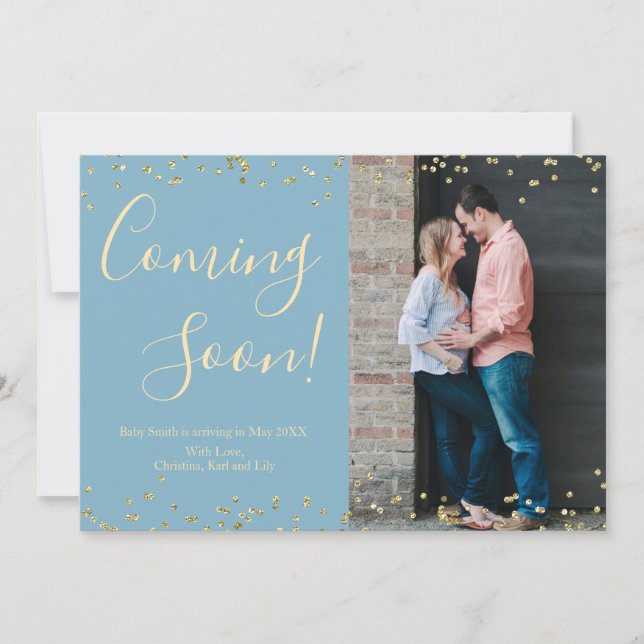 Gold Confetti Pregnancy Announcement Card on Blue (Front)